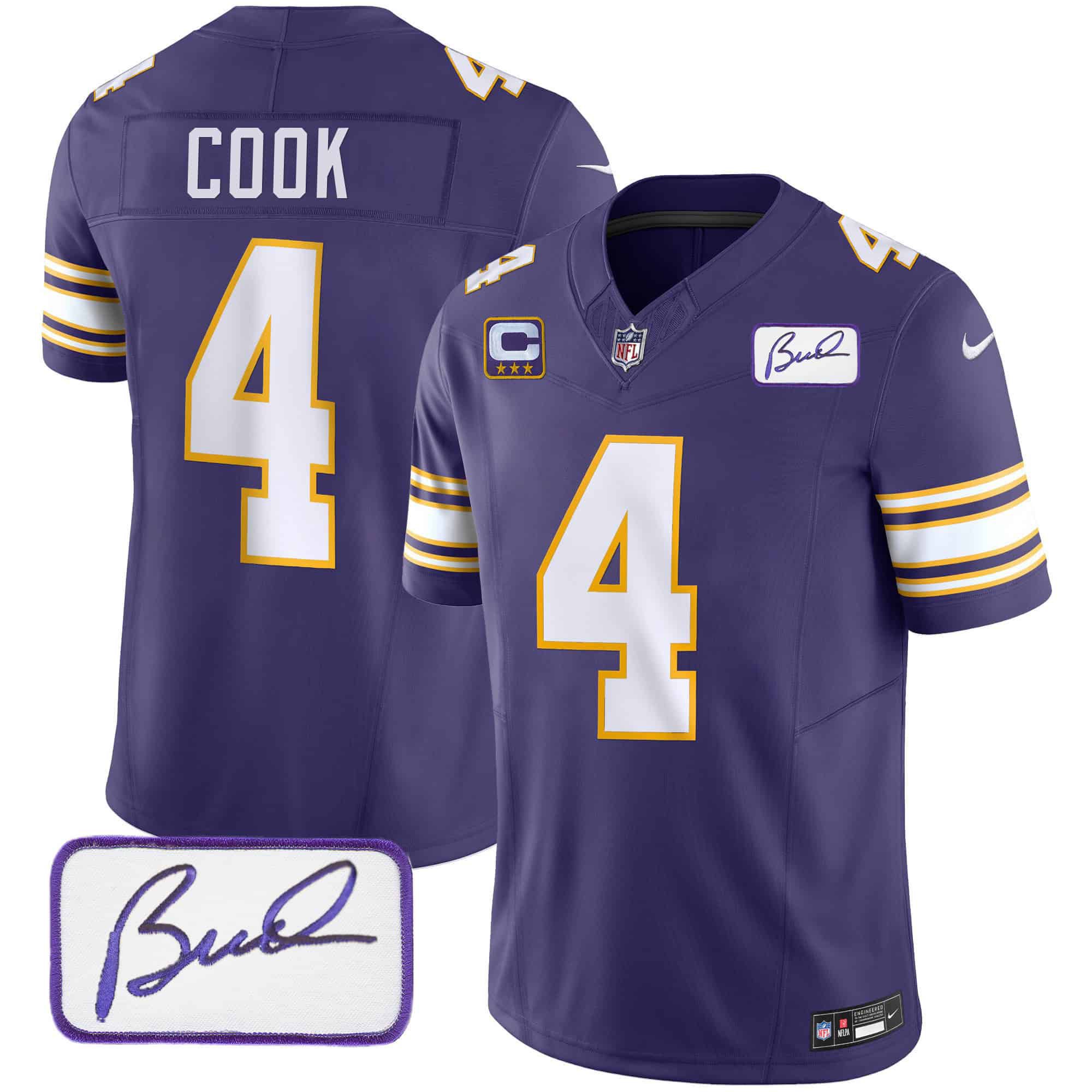Men Minnesota Vikings 4 Cook Purple 2024 Nike Bud Grant Patch Classic Limited NFL Jersey style 1